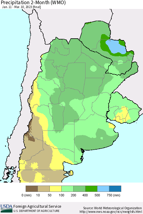 Southern South America Precipitation 2-Month (WMO) Thematic Map For 1/11/2023 - 3/10/2023