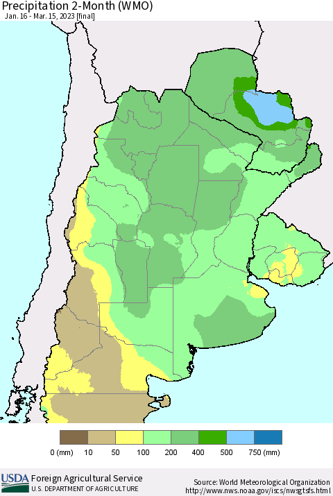 Southern South America Precipitation 2-Month (WMO) Thematic Map For 1/16/2023 - 3/15/2023