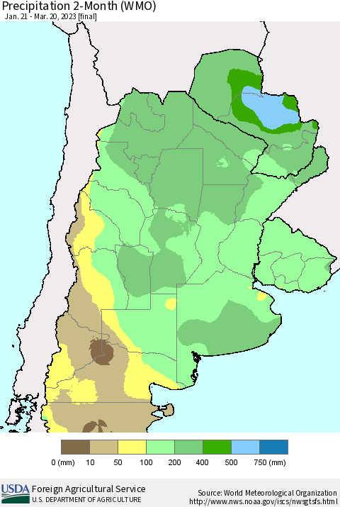 Southern South America Precipitation 2-Month (WMO) Thematic Map For 1/21/2023 - 3/20/2023
