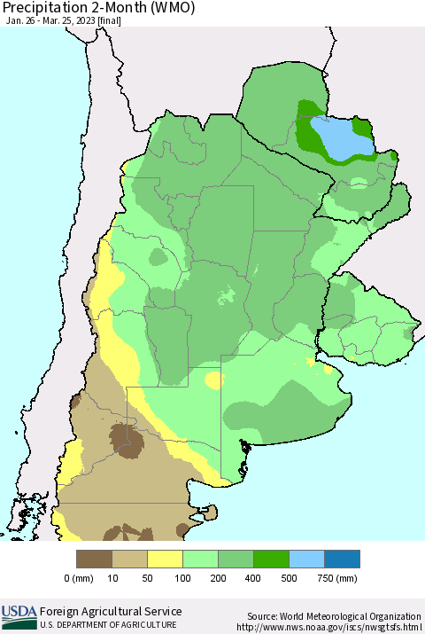 Southern South America Precipitation 2-Month (WMO) Thematic Map For 1/26/2023 - 3/25/2023