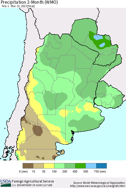 Southern South America Precipitation 2-Month (WMO) Thematic Map For 2/1/2023 - 3/31/2023