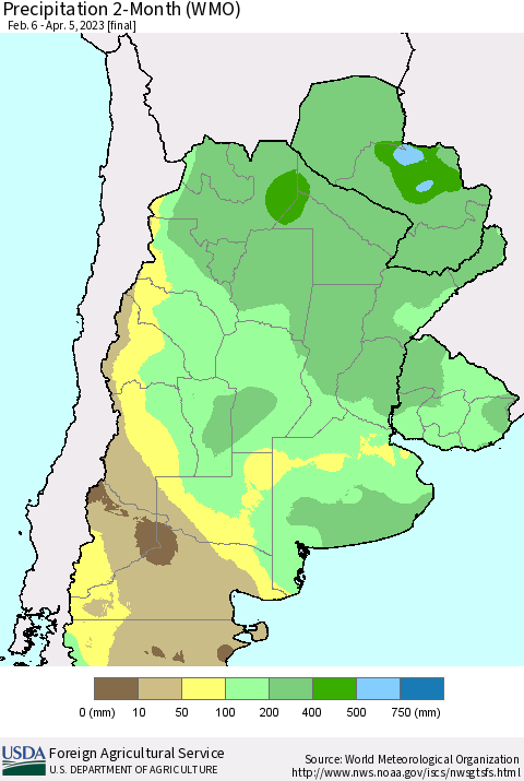 Southern South America Precipitation 2-Month (WMO) Thematic Map For 2/6/2023 - 4/5/2023