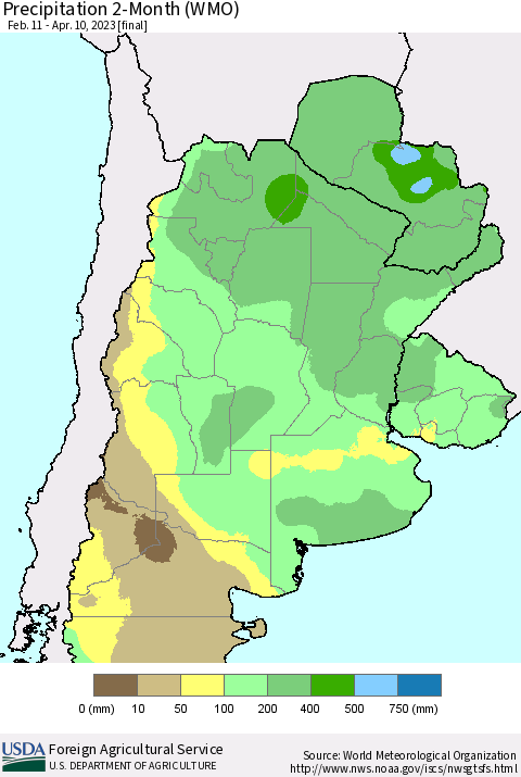 Southern South America Precipitation 2-Month (WMO) Thematic Map For 2/11/2023 - 4/10/2023