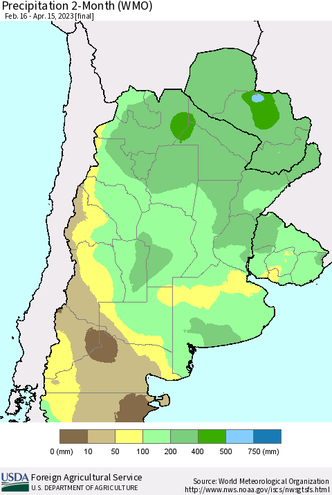 Southern South America Precipitation 2-Month (WMO) Thematic Map For 2/16/2023 - 4/15/2023