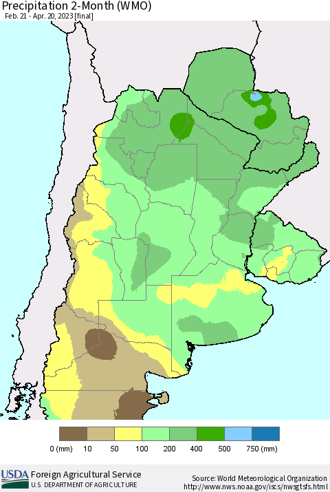 Southern South America Precipitation 2-Month (WMO) Thematic Map For 2/21/2023 - 4/20/2023