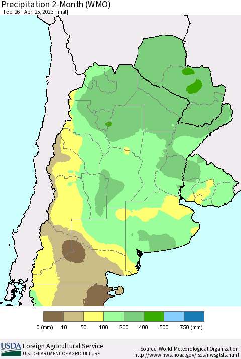 Southern South America Precipitation 2-Month (WMO) Thematic Map For 2/26/2023 - 4/25/2023