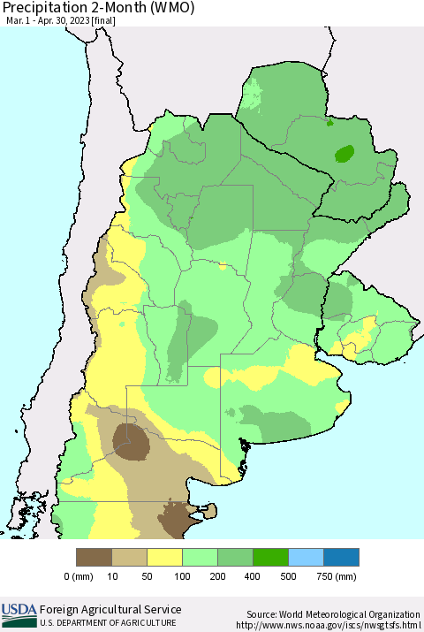 Southern South America Precipitation 2-Month (WMO) Thematic Map For 3/1/2023 - 4/30/2023
