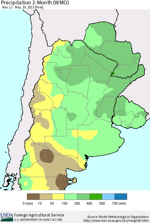 Southern South America Precipitation 2-Month (WMO) Thematic Map For 3/11/2023 - 5/10/2023