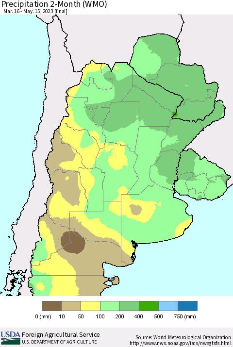 Southern South America Precipitation 2-Month (WMO) Thematic Map For 3/16/2023 - 5/15/2023