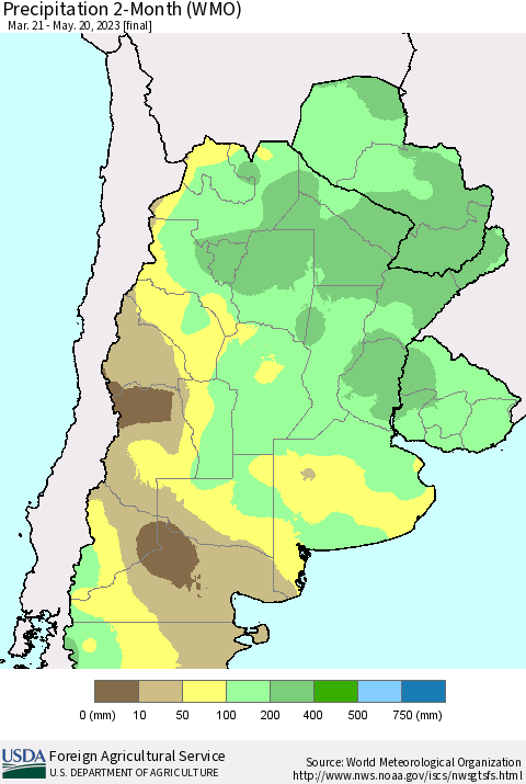 Southern South America Precipitation 2-Month (WMO) Thematic Map For 3/21/2023 - 5/20/2023