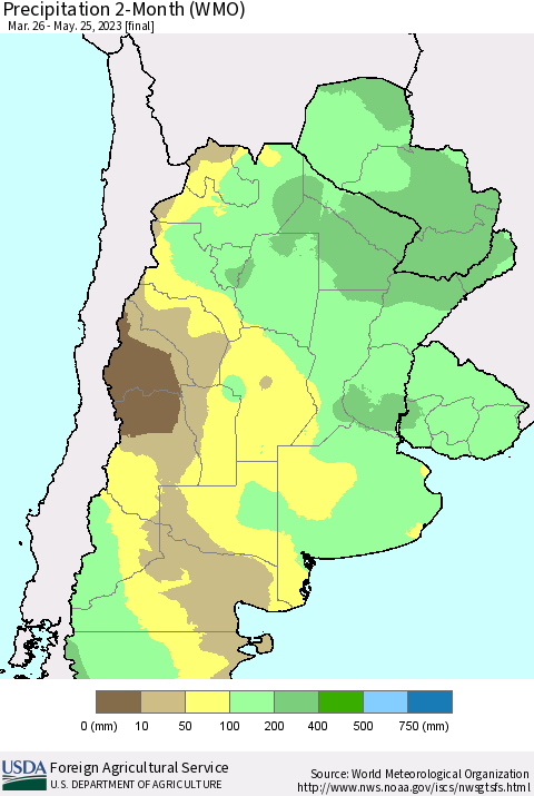 Southern South America Precipitation 2-Month (WMO) Thematic Map For 3/26/2023 - 5/25/2023