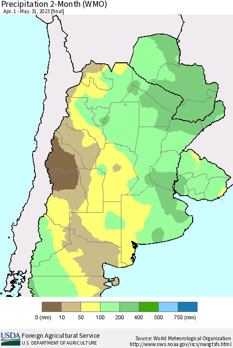 Southern South America Precipitation 2-Month (WMO) Thematic Map For 4/1/2023 - 5/31/2023