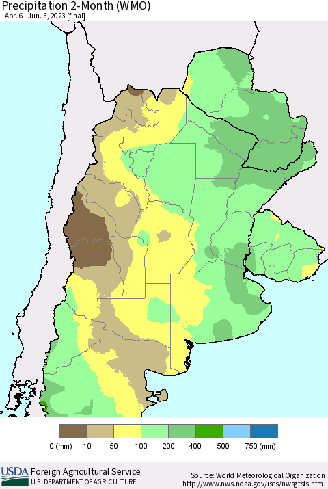 Southern South America Precipitation 2-Month (WMO) Thematic Map For 4/6/2023 - 6/5/2023