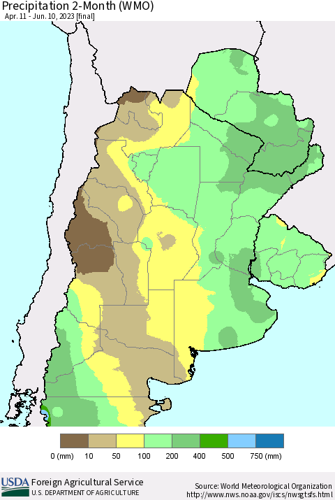 Southern South America Precipitation 2-Month (WMO) Thematic Map For 4/11/2023 - 6/10/2023