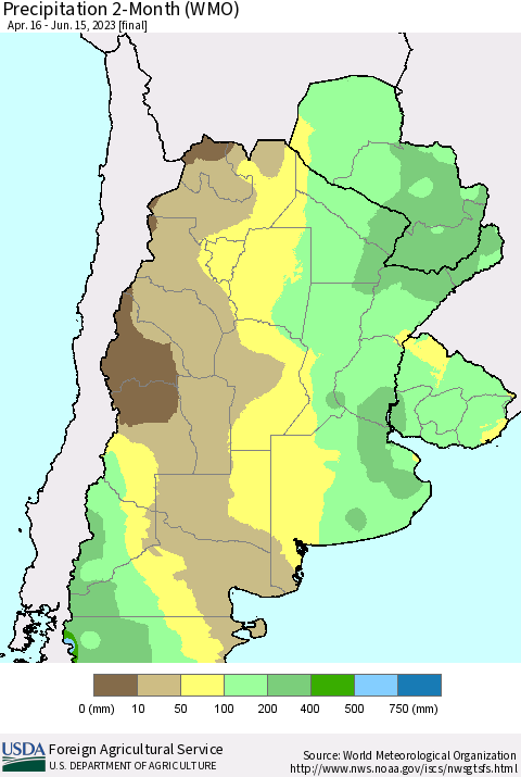 Southern South America Precipitation 2-Month (WMO) Thematic Map For 4/16/2023 - 6/15/2023
