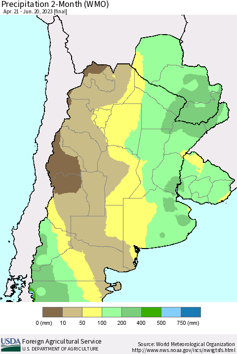 Southern South America Precipitation 2-Month (WMO) Thematic Map For 4/21/2023 - 6/20/2023