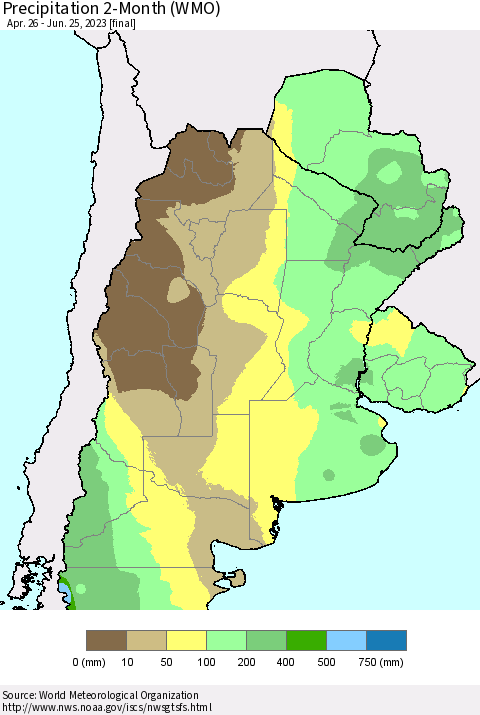 Southern South America Precipitation 2-Month (WMO) Thematic Map For 4/26/2023 - 6/25/2023