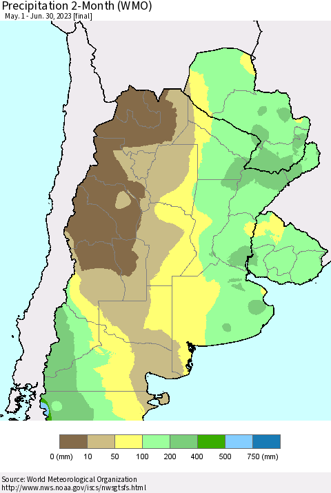 Southern South America Precipitation 2-Month (WMO) Thematic Map For 5/1/2023 - 6/30/2023
