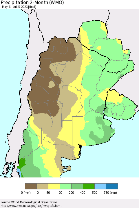 Southern South America Precipitation 2-Month (WMO) Thematic Map For 5/6/2023 - 7/5/2023
