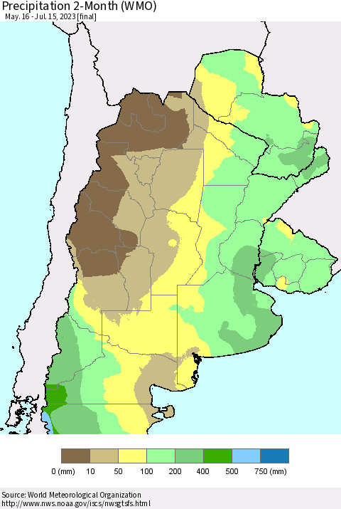 Southern South America Precipitation 2-Month (WMO) Thematic Map For 5/16/2023 - 7/15/2023