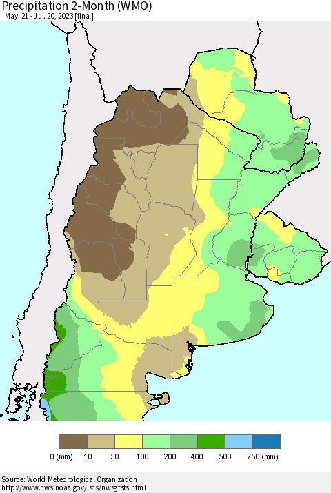 Southern South America Precipitation 2-Month (WMO) Thematic Map For 5/21/2023 - 7/20/2023