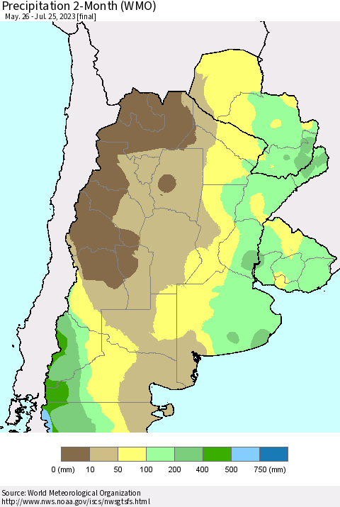 Southern South America Precipitation 2-Month (WMO) Thematic Map For 5/26/2023 - 7/25/2023