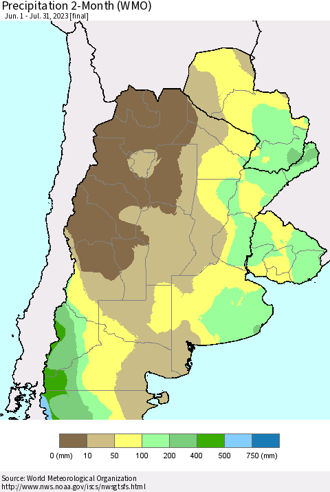 Southern South America Precipitation 2-Month (WMO) Thematic Map For 6/1/2023 - 7/31/2023