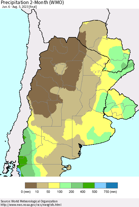 Southern South America Precipitation 2-Month (WMO) Thematic Map For 6/6/2023 - 8/5/2023