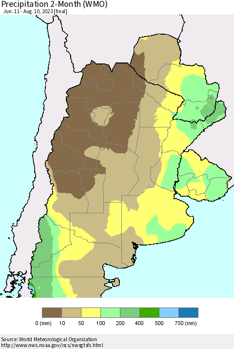 Southern South America Precipitation 2-Month (WMO) Thematic Map For 6/11/2023 - 8/10/2023