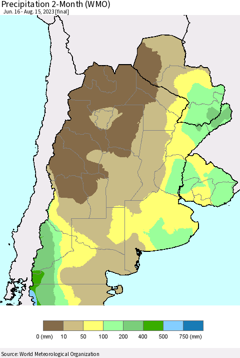 Southern South America Precipitation 2-Month (WMO) Thematic Map For 6/16/2023 - 8/15/2023