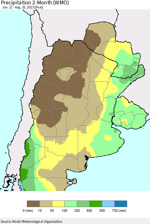 Southern South America Precipitation 2-Month (WMO) Thematic Map For 6/21/2023 - 8/20/2023