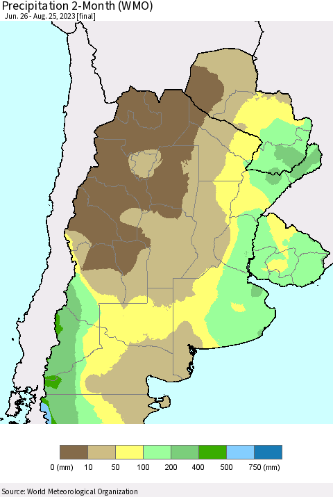Southern South America Precipitation 2-Month (WMO) Thematic Map For 6/26/2023 - 8/25/2023