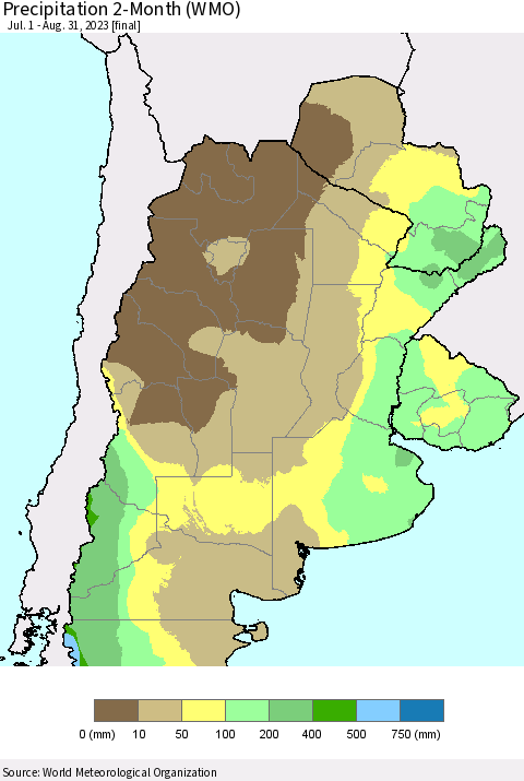 Southern South America Precipitation 2-Month (WMO) Thematic Map For 7/1/2023 - 8/31/2023