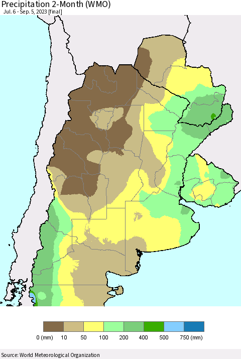 Southern South America Precipitation 2-Month (WMO) Thematic Map For 7/6/2023 - 9/5/2023