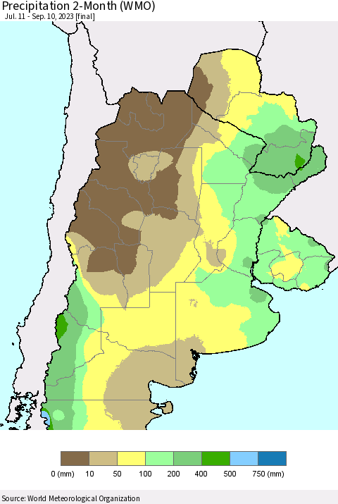 Southern South America Precipitation 2-Month (WMO) Thematic Map For 7/11/2023 - 9/10/2023