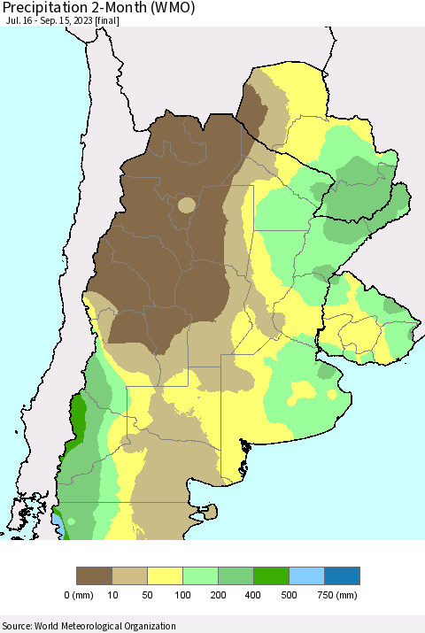 Southern South America Precipitation 2-Month (WMO) Thematic Map For 7/16/2023 - 9/15/2023