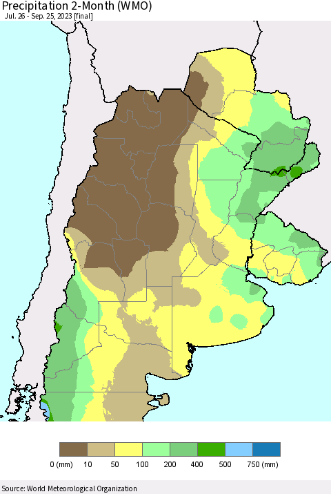Southern South America Precipitation 2-Month (WMO) Thematic Map For 7/26/2023 - 9/25/2023