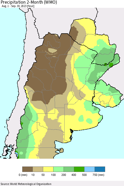 Southern South America Precipitation 2-Month (WMO) Thematic Map For 8/1/2023 - 9/30/2023