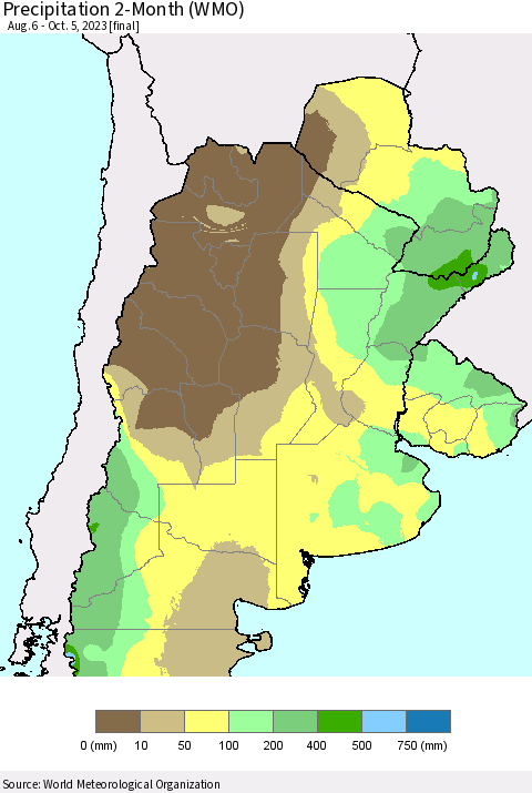 Southern South America Precipitation 2-Month (WMO) Thematic Map For 8/6/2023 - 10/5/2023