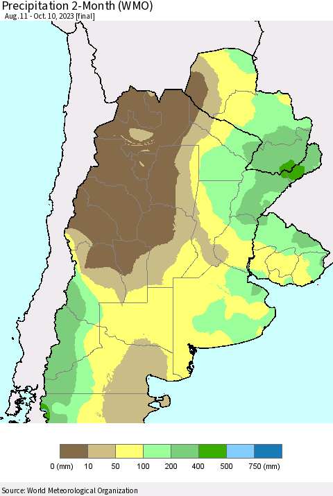 Southern South America Precipitation 2-Month (WMO) Thematic Map For 8/11/2023 - 10/10/2023
