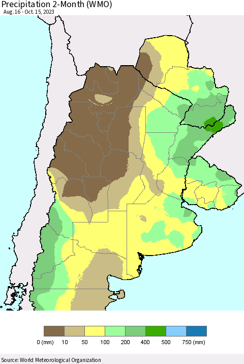 Southern South America Precipitation 2-Month (WMO) Thematic Map For 8/16/2023 - 10/15/2023