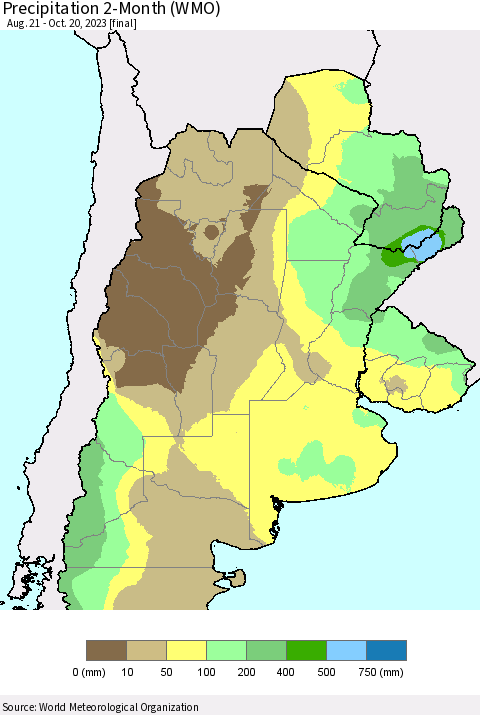 Southern South America Precipitation 2-Month (WMO) Thematic Map For 8/21/2023 - 10/20/2023