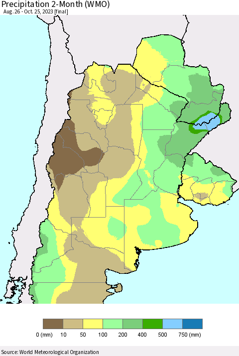 Southern South America Precipitation 2-Month (WMO) Thematic Map For 8/26/2023 - 10/25/2023