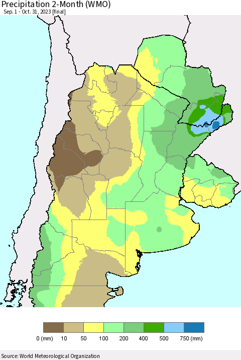 Southern South America Precipitation 2-Month (WMO) Thematic Map For 9/1/2023 - 10/31/2023