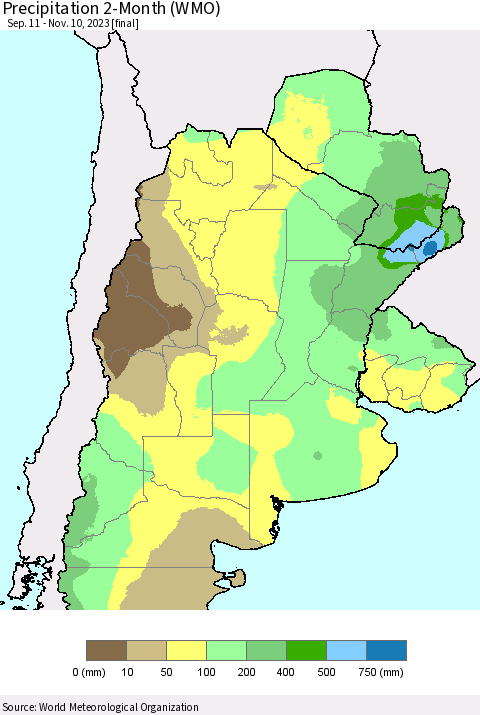 Southern South America Precipitation 2-Month (WMO) Thematic Map For 9/11/2023 - 11/10/2023