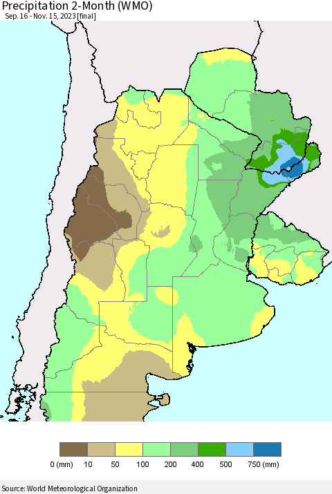 Southern South America Precipitation 2-Month (WMO) Thematic Map For 9/16/2023 - 11/15/2023