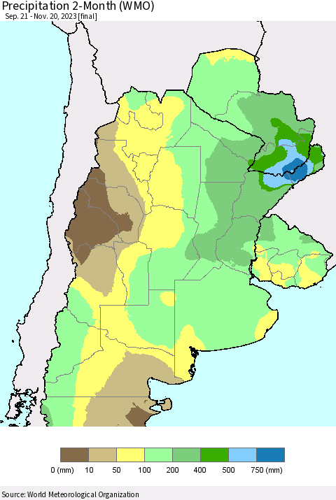 Southern South America Precipitation 2-Month (WMO) Thematic Map For 9/21/2023 - 11/20/2023
