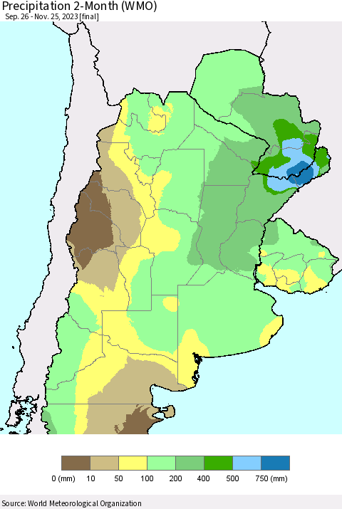 Southern South America Precipitation 2-Month (WMO) Thematic Map For 9/26/2023 - 11/25/2023