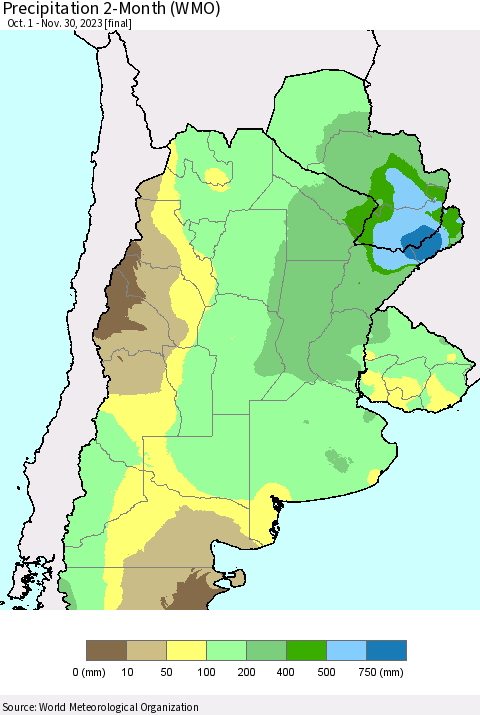 Southern South America Precipitation 2-Month (WMO) Thematic Map For 10/1/2023 - 11/30/2023