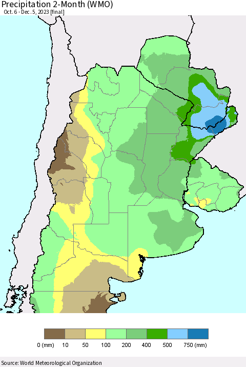 Southern South America Precipitation 2-Month (WMO) Thematic Map For 10/6/2023 - 12/5/2023